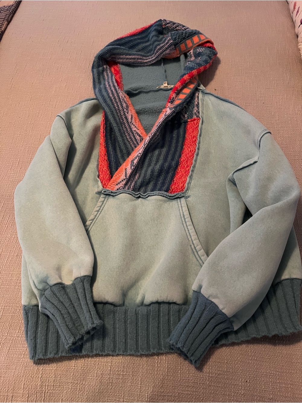 Easel Woman’s Hooded Pullover Sweater in light blue with Multicolor Trim